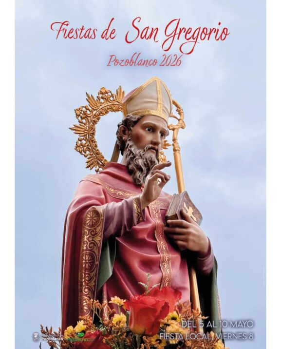 Cartel del programa de las Fiestas de San Gregorio 2026 en Pozoblanco con horarios de triduo, verbena, quema del corcho y procesión